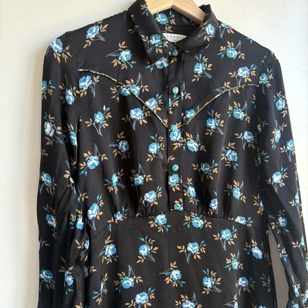 Sandro Paris Black Floral Button-Front Satin Dress- Size 38 (US 6) 100% Viscose - Picture 7 of 14